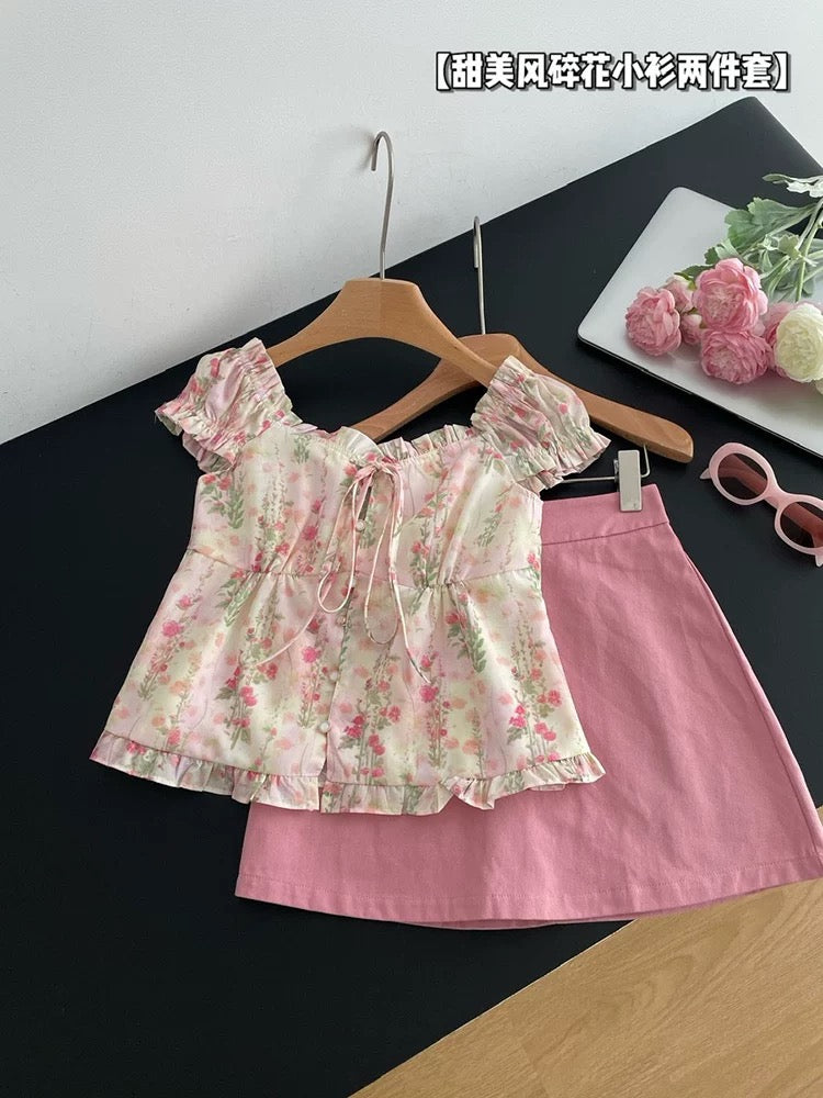 Sweet and gentle style now designed floral slimming top summer new high waist skirt two-piece set for women