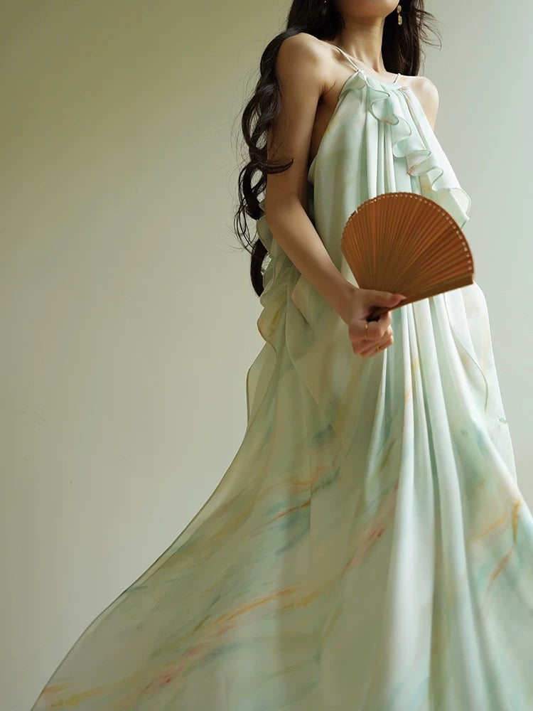 Aconiconi|Clear Lotus and Drizzle French Monet Oil Painting Holiday Style Aesthetic Atmosphere Slipper Maxi Dress