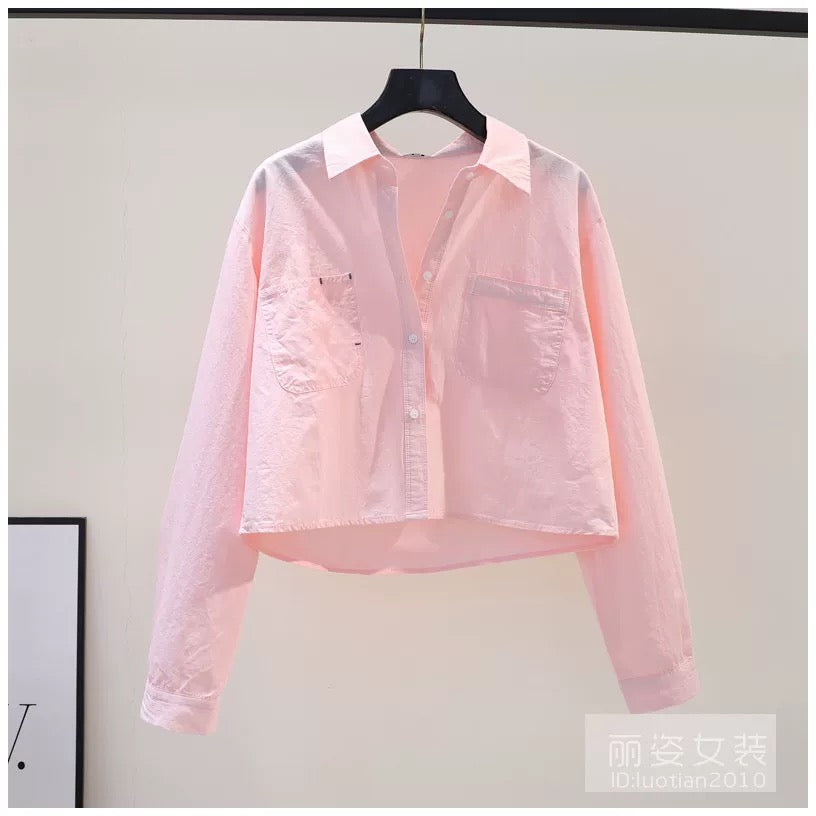 Small fresh light blue short shirt women's double pocket loose long-sleeved shirt 2023 spring and summer literary style cotton top
