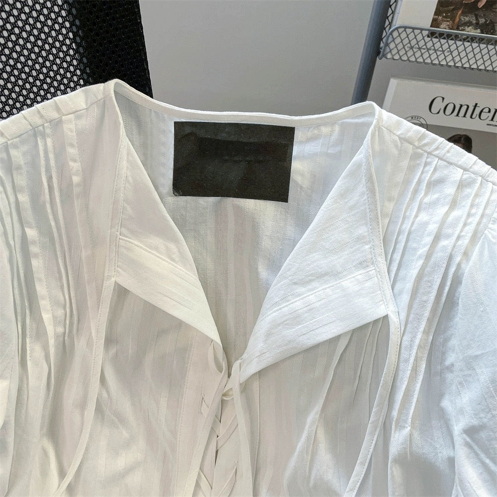 French sweet strappy accordion short-sleeved shirt for women summer shoulder niche unique v-neck outer top