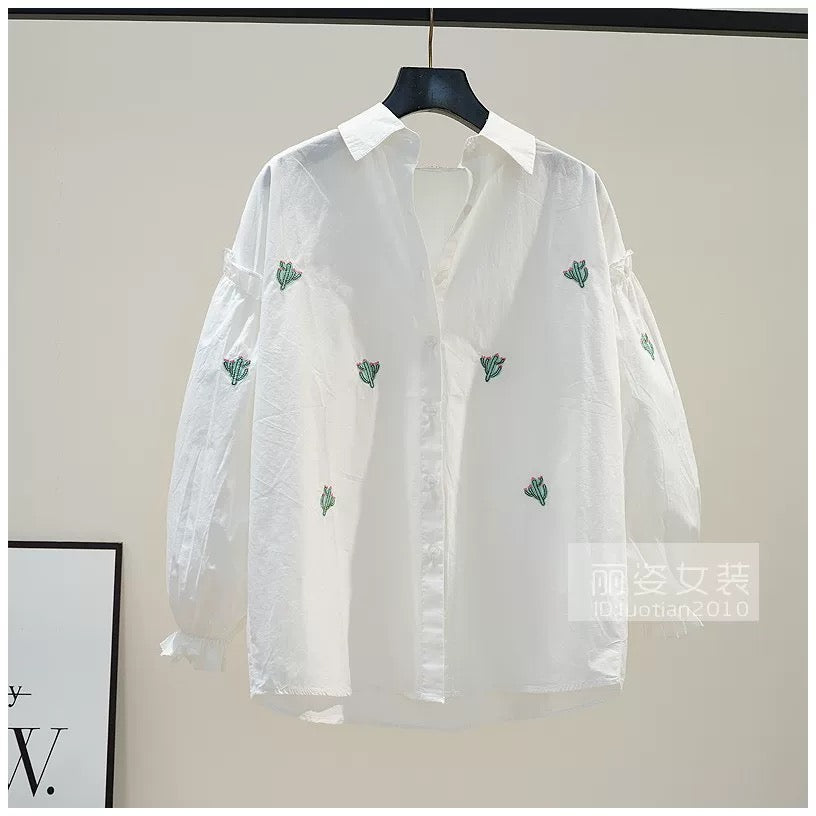 Small Fresh Cactus Embroidered Cotton Shirt Women's Light Blue Lantern Sleeve Shirt 2024 Autumn Loose Casual Top