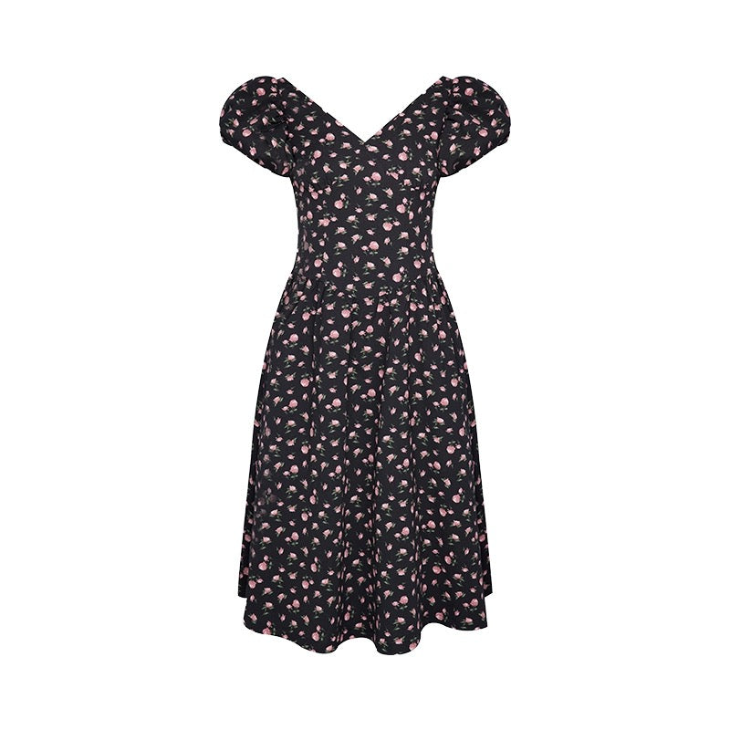 NIMO WANG v-neck French dress women's summer design niche big bow floral skirt puffy skirt