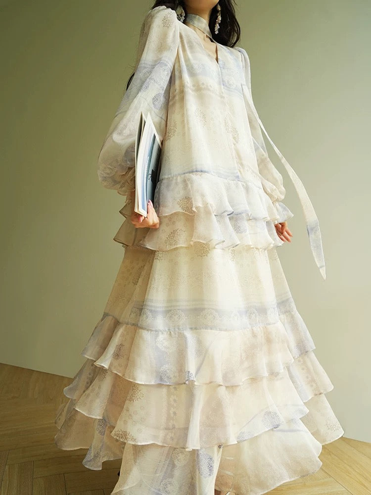 Aconiconi|Yanlan French print romantic and high-end atmosphere seaside holiday ruffle maxi dress