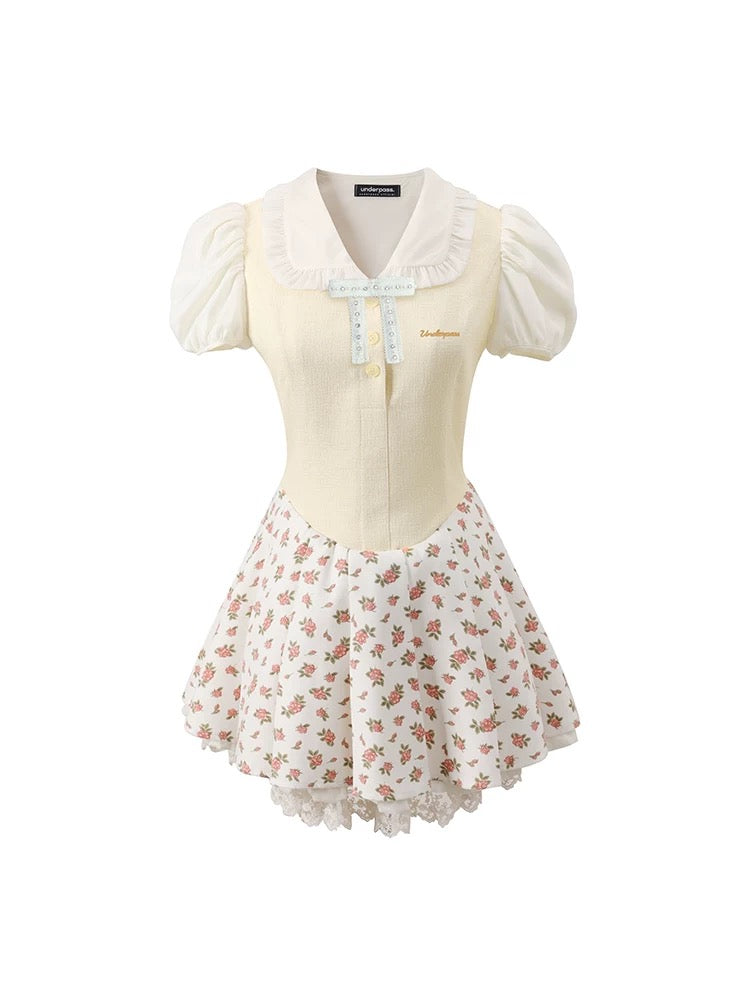underpass original design Sweet Girl Bow Mesh Pleated High Waisted Puff Skirt Spliced Floral Dress
