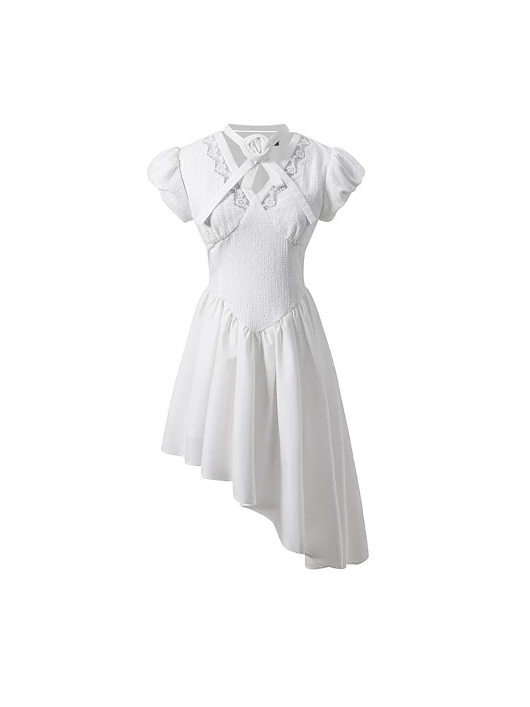 Underpass original niche design V-neck embroidered lace irregular slanted fairy waist dress for women