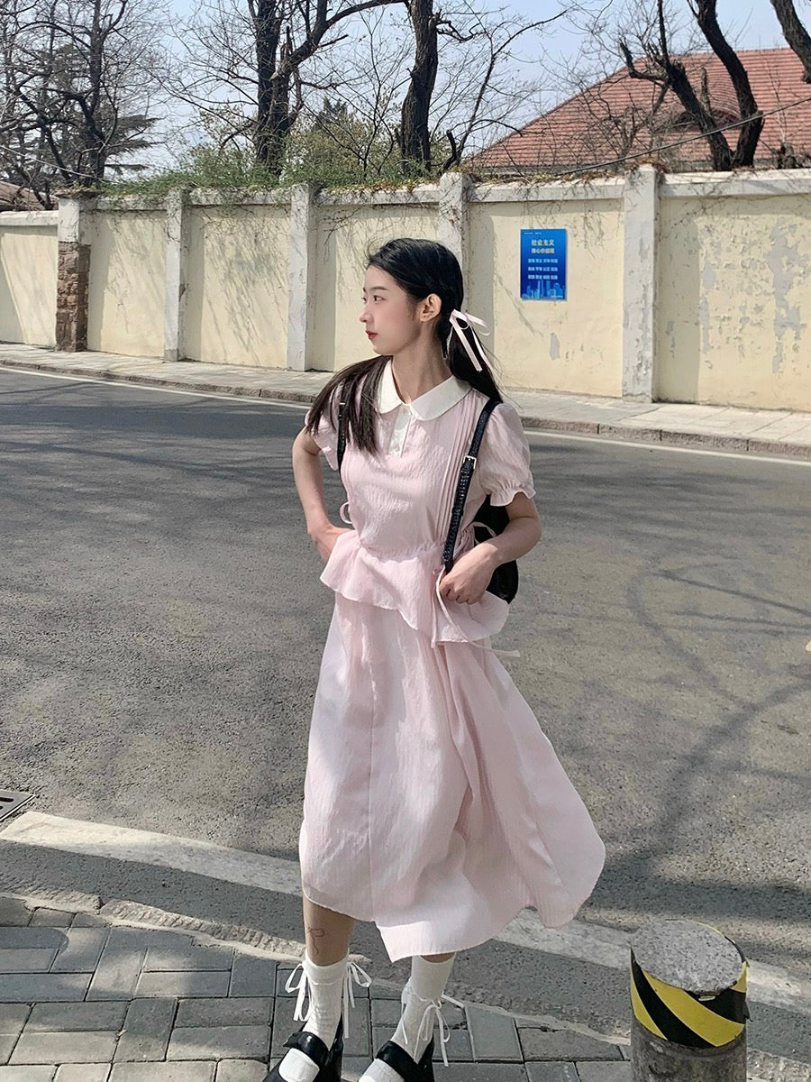 Nancy pink striped ruffle dress summer short-sleeved doll collar sweet waist slimming mid-length skirt
