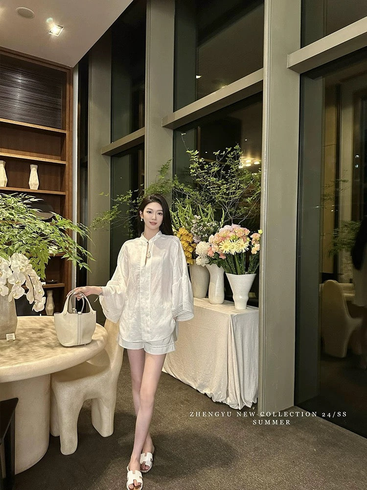 【ZHENG YU】Fashionable new Chinese style splicing lace top and shorts two-piece set autumn suit with design