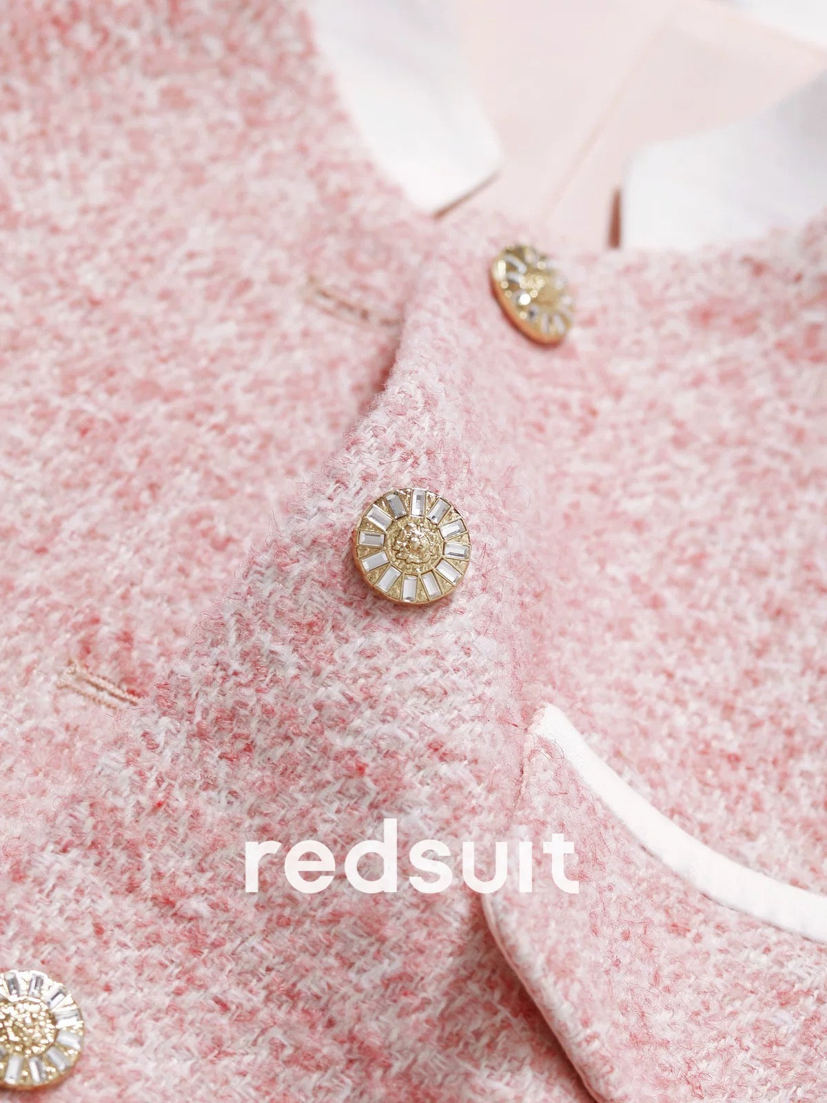 Redsuit Designer Stand Collar Patchwork Rolled Sleeve Chanel Style Pink Wool Short Coat for Commuters