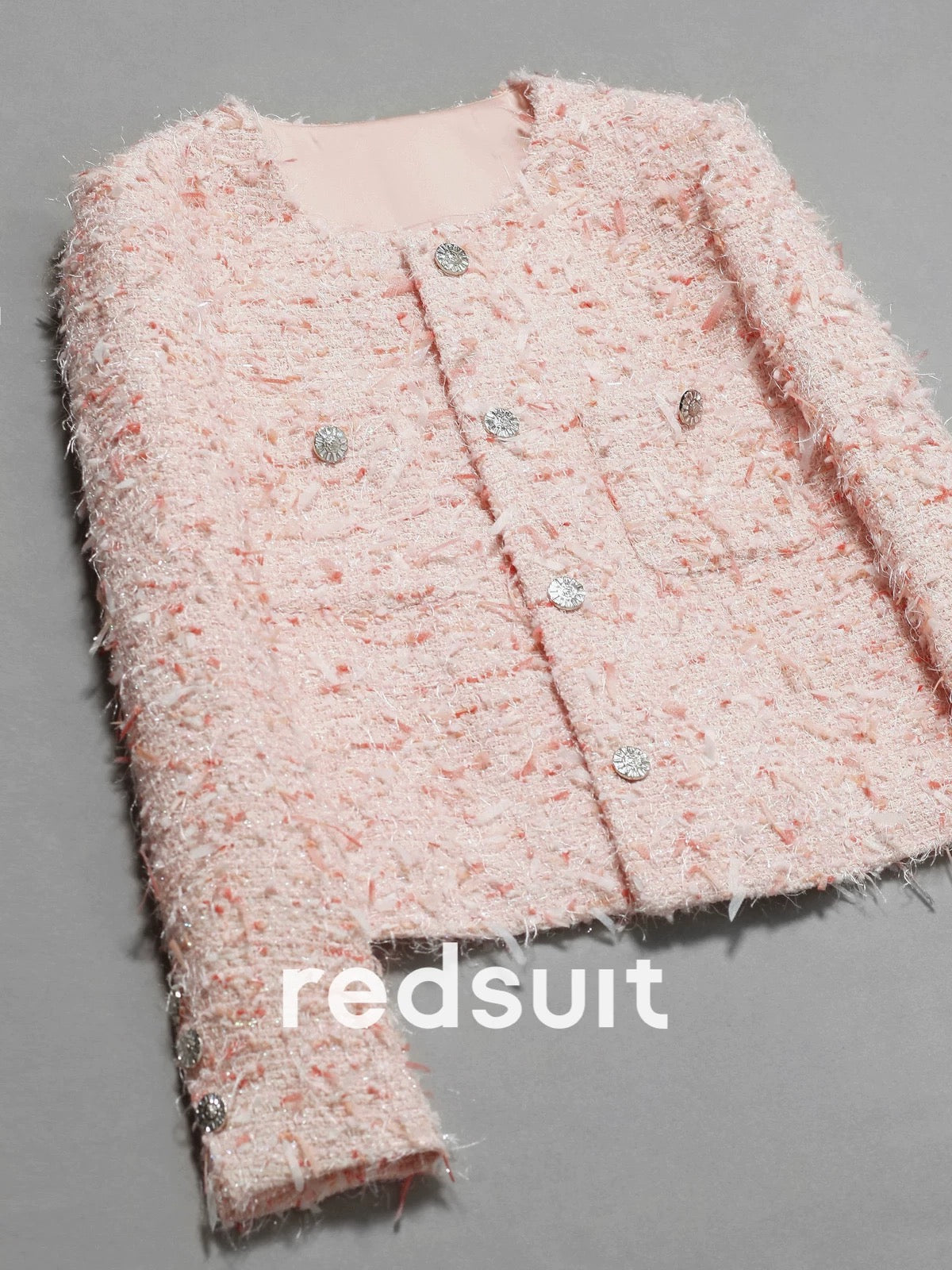 Redsuit's "King of Bombs" handmade butterfly-patterned tulle cherry blossom pink high-end Chanel-style jacket and sweet top.