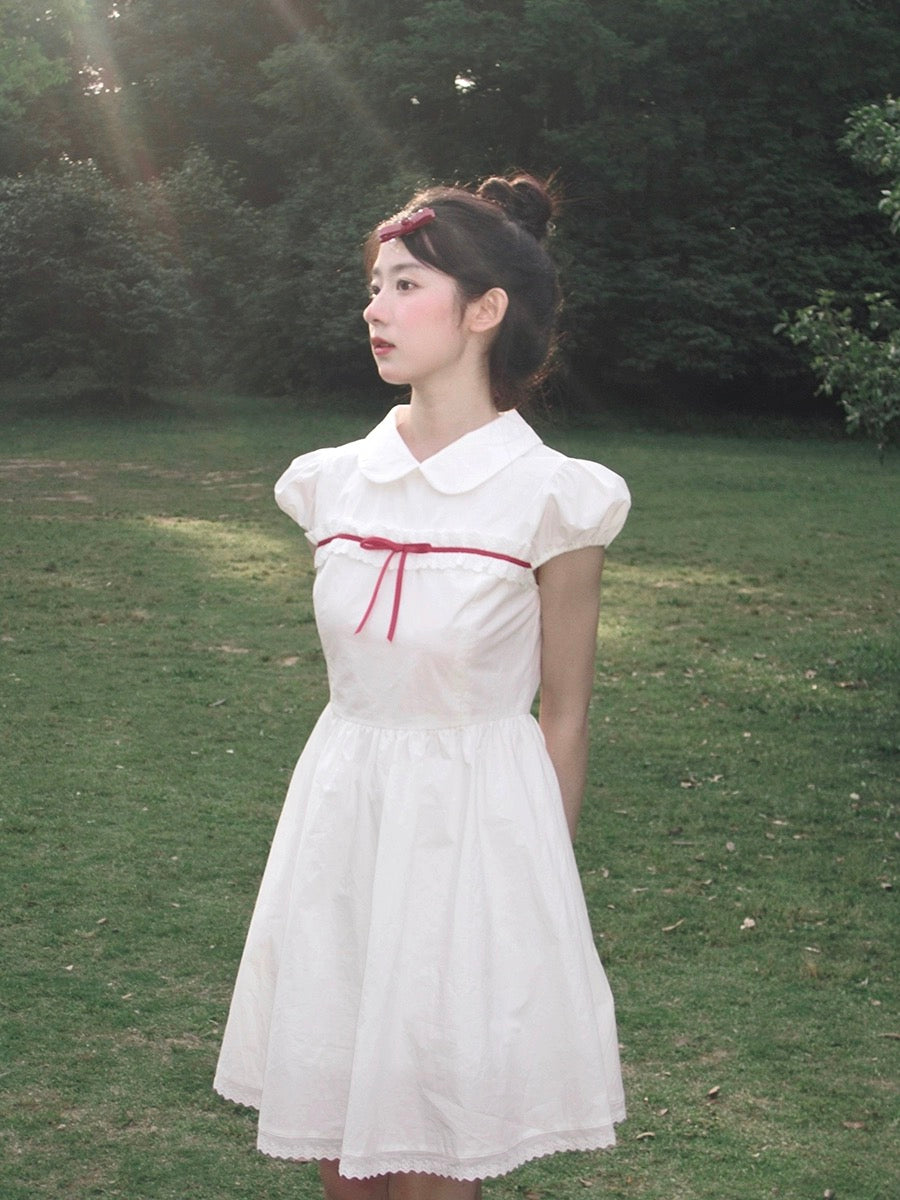 chinese dress ladies Nancy Red Ribbon Lace Doll Collar Dress Short Sleeve 2024 Summer New W –  Lee Nhi Boutique