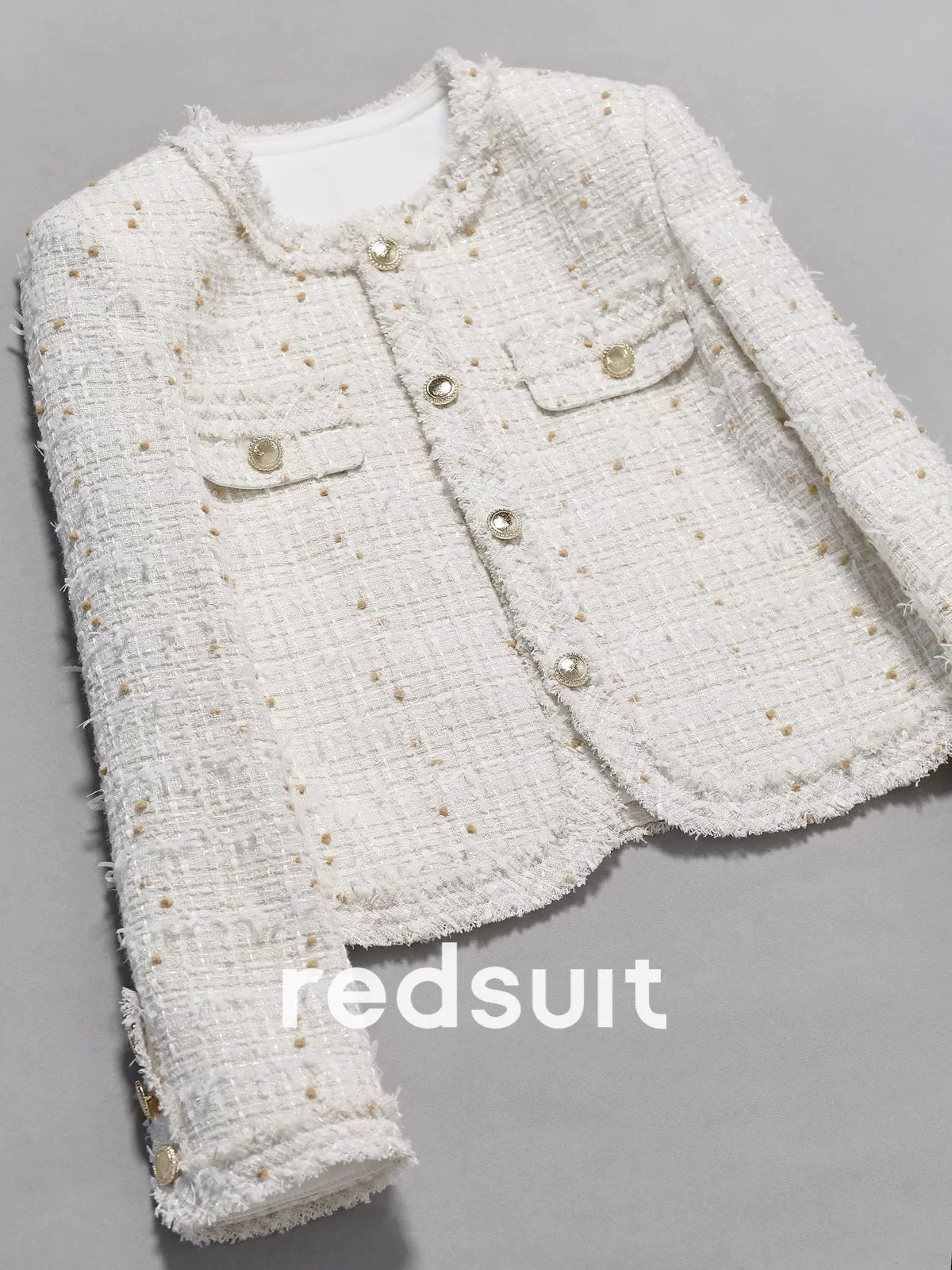 Redsuit Limited Edition Lightweight Butterfly Tulle Chanel-Style Classic White Knitted Cardigan with Rounded Edges - New for Commuters