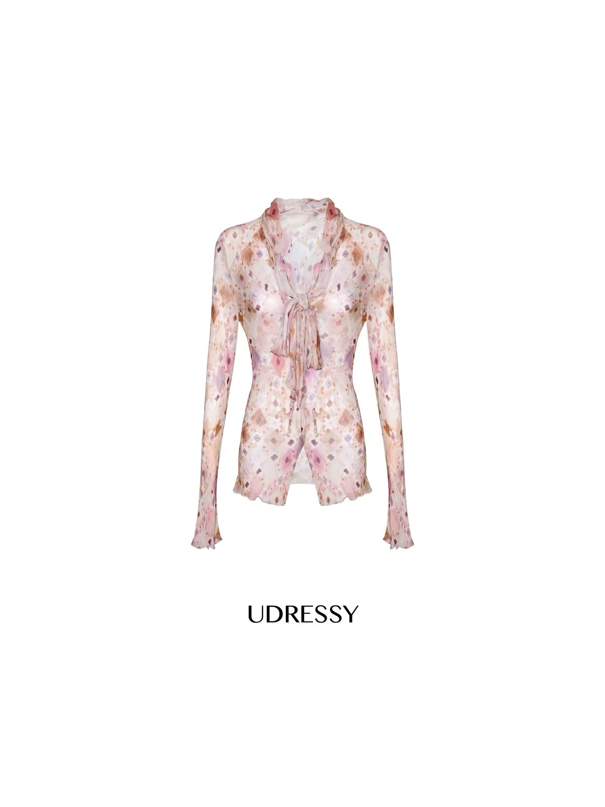 UDRESSY In-House Design: Early Autumn Korean-Style Pink Floral Rayon Long-Sleeve Blouse with Neck Tie