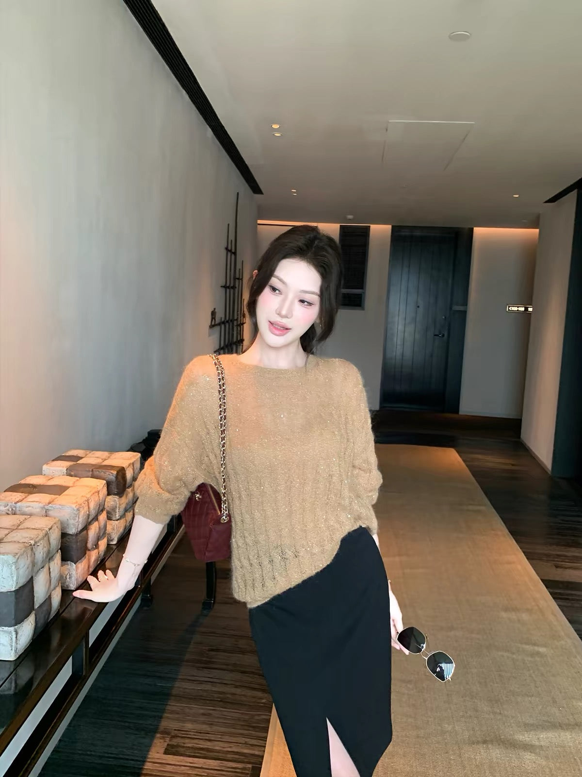 Maven Lin Sparkling Cable-Knit Sequin Long-Sleeve Top – A Stylish, Loose-Fit, Sheer-Effect Crewneck for Women