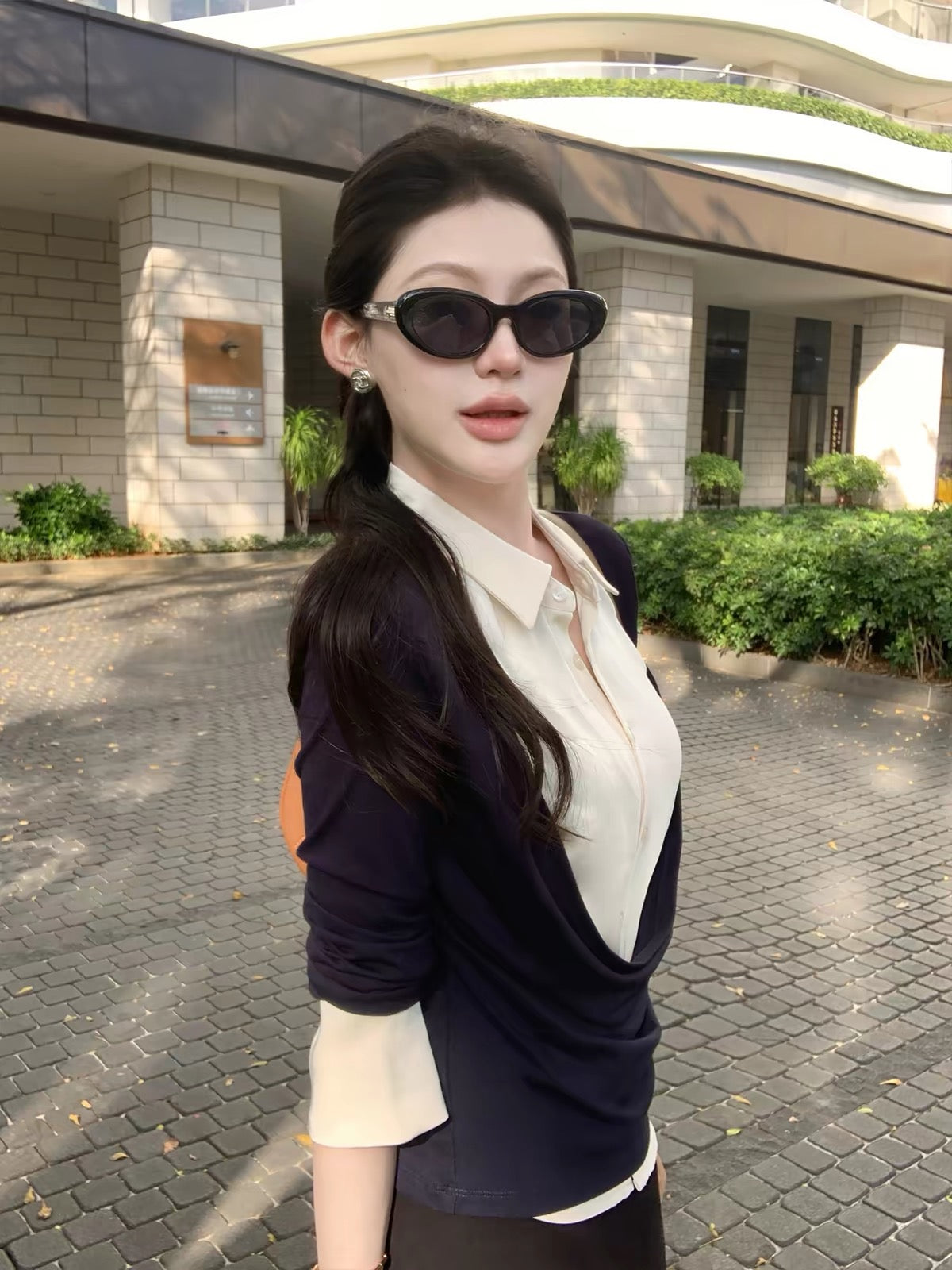 Maven Lin Commuter Diary: Women's Long-Sleeve Color-Block Top – Unique Cowl-Neck Knit with Faux-Layered Shirt Detail
