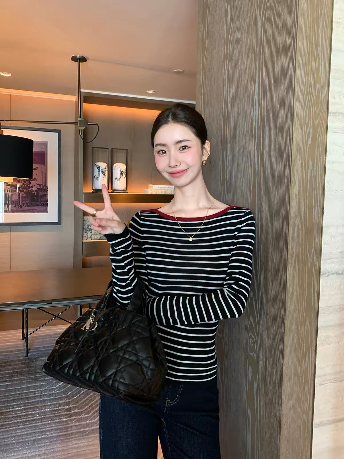Maven Lin Women's Lightweight & Warm Wool Boat-Neck Knit Top – Slim-Fit Striped Base Layer