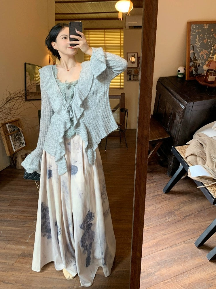 Maillard Outfit Set Gray Ruffled Knitted Cardigan for Women + Water Gray Lace Suspenders + Tie-dyed Skirts