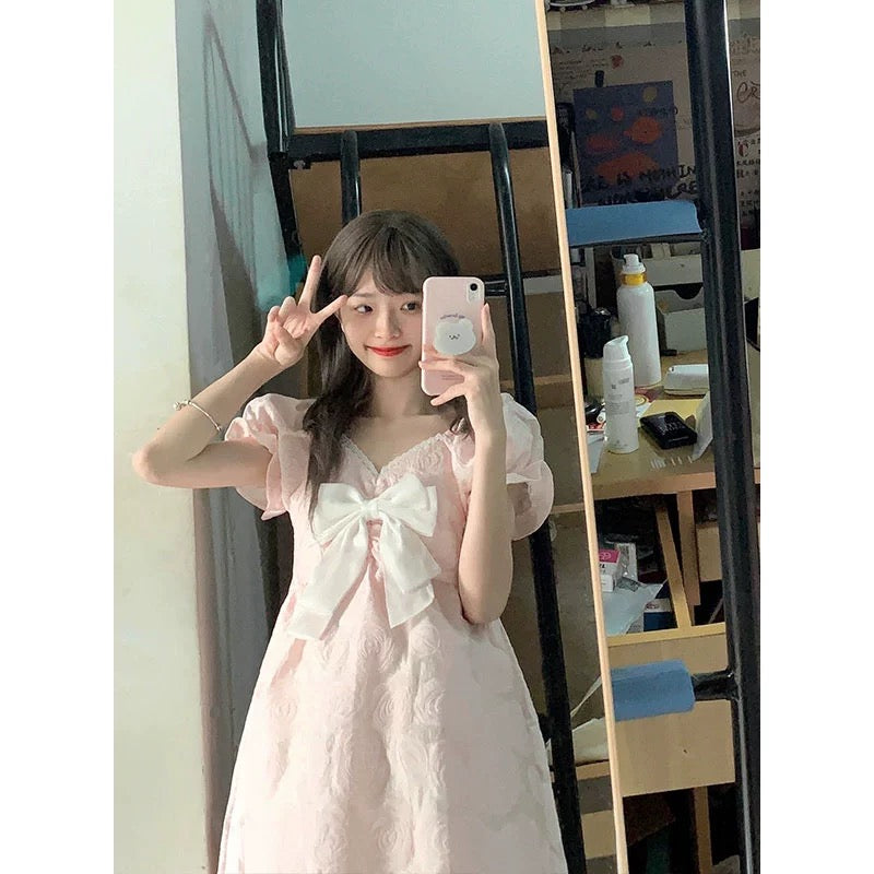 2024 new summer style sweet pink bow princess dress v-neck waist puff sleeve dress for women