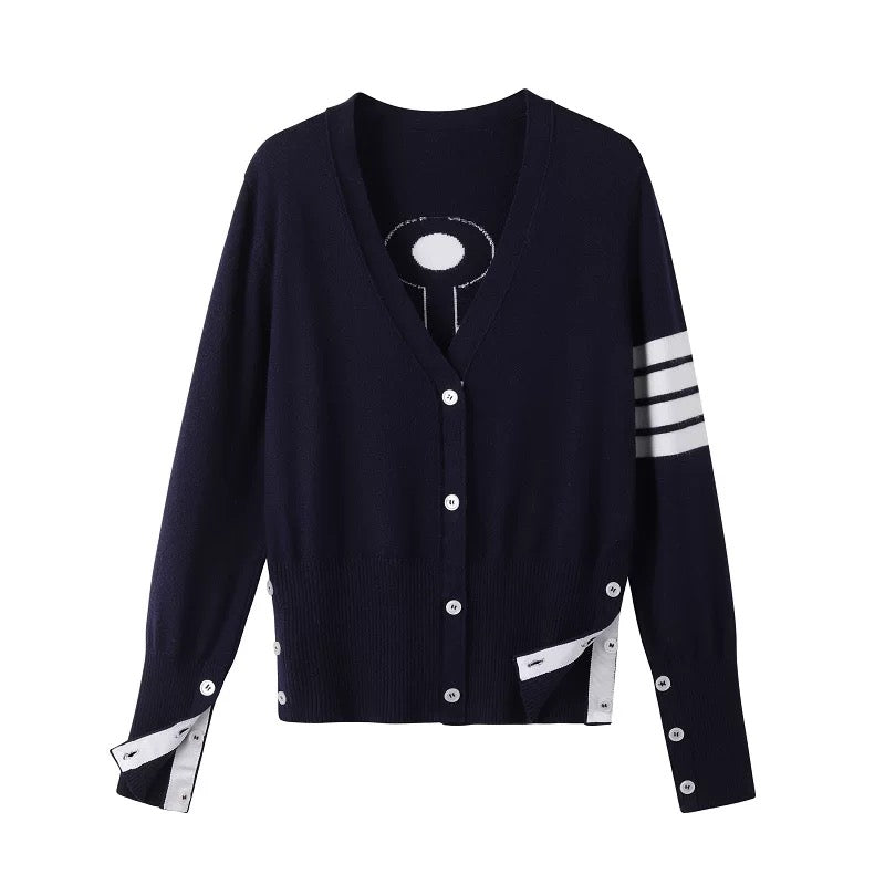 Early autumn new style t anchor knitted cardigan V-neck classic four-stripe three-color webbing navy style same style for men and women