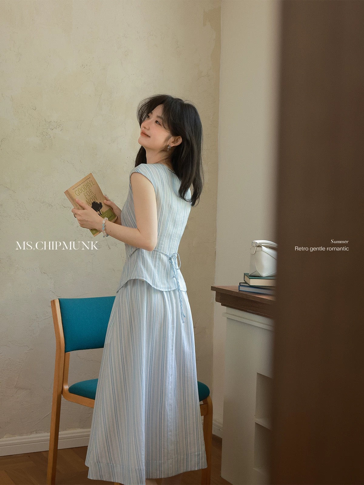 Miss Chipmunk Brown's Striped Short Top/Long Skirt for Summer, Simple and Relaxed Style