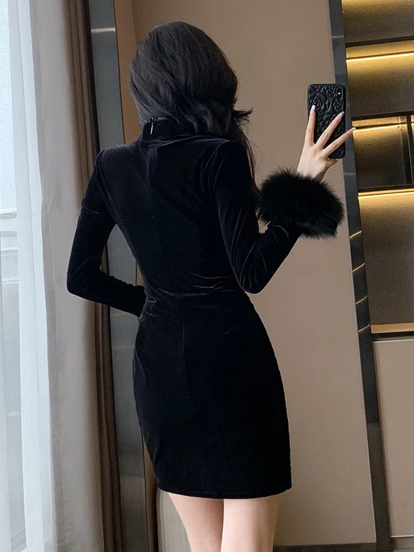 New autumn/winter style black embroidered cheongsam short dress with a modern Chinese design, exuding a sophisticated Republic of China style long-sleeved velvet dress.