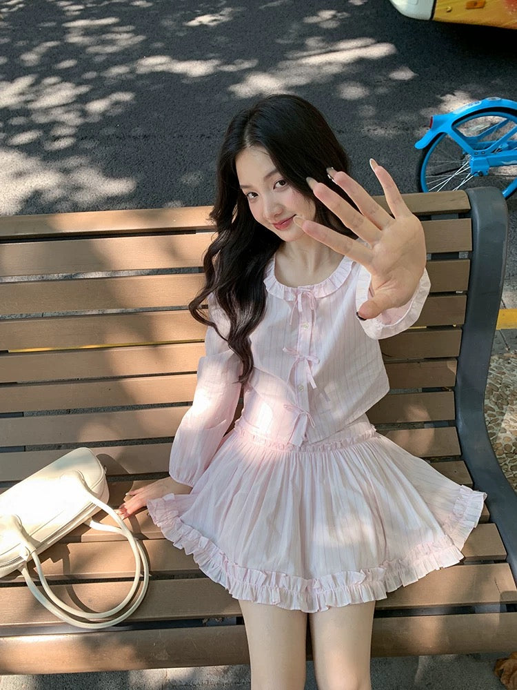 Find the youthful and age-defying pink bow-tie women's spring 2026 new Korean style shirt and skirt two-piece set