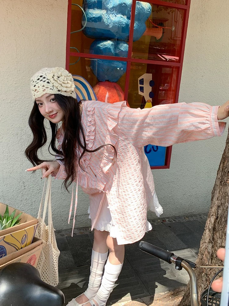 Find the perfect pink ruffled tie-waist long-sleeved shirt for women, a new spring style for 2026, featuring a relaxed, loose French-inspired look.