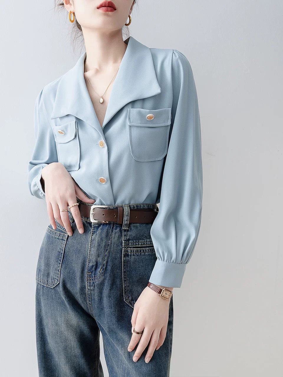 2024 early spring new blue lapel shirt French niche long-sleeved shirt spring women's professional commuting top