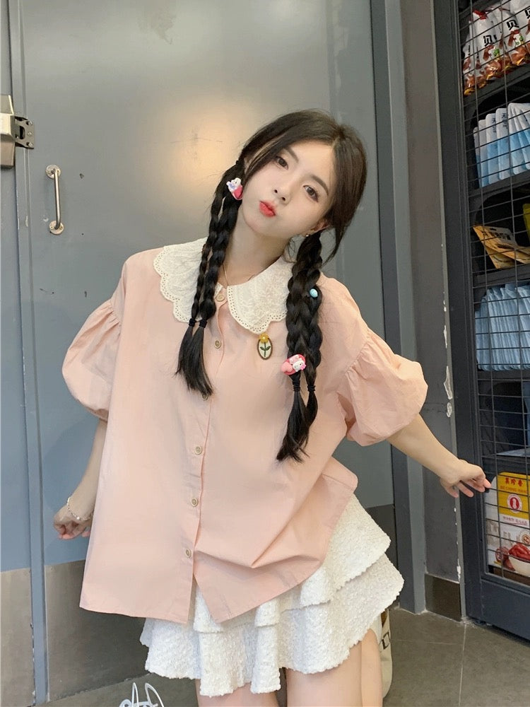 Plus size women's fat mm Japanese sweet age-reducing tea break French short-sleeved shirt female doll collar bubble top