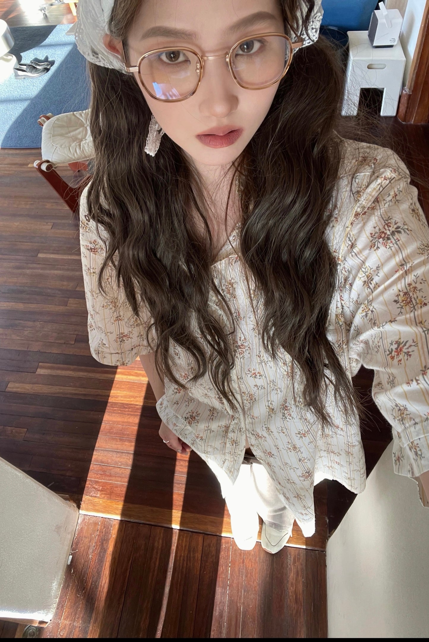 JMwomen﹝Open a flower shop﹞Mid-length vertical striped floral short-sleeved shirt women's spring Japanese top