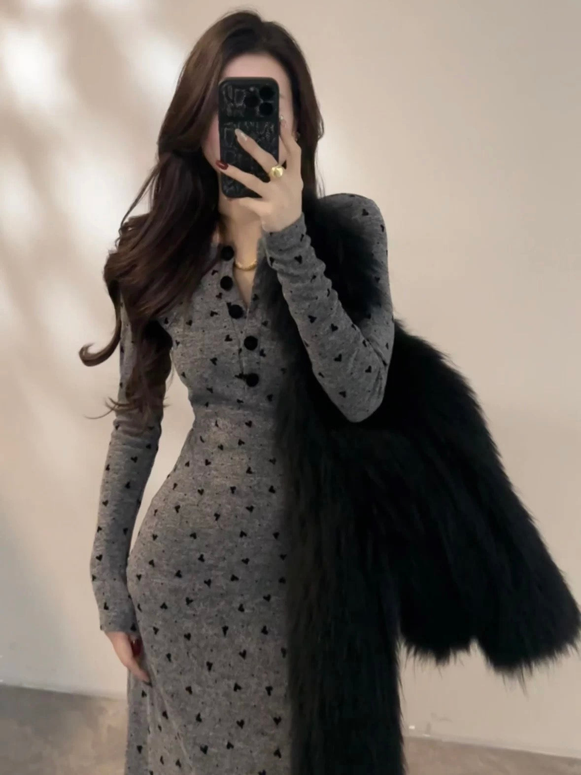 Da Tingting French-style slim-fit fashion heart-patterned floral long-sleeved waist-cinching autumn/winter new slimming dress DT1892