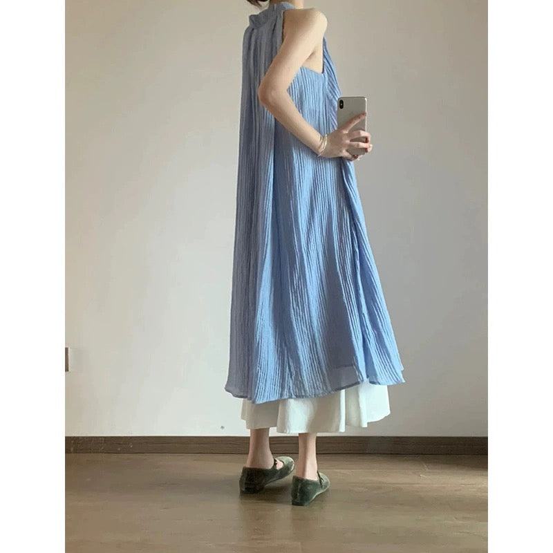 New Chinese style pleated textured sleeveless dress for women 2024 new temperament drape long skirt for women summer