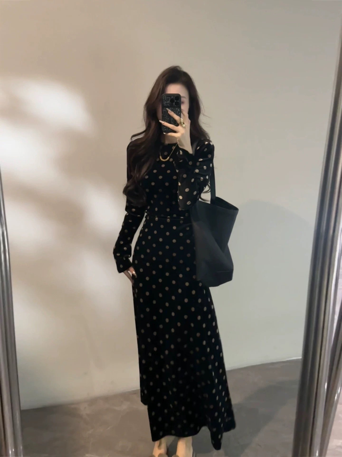 Da Tingting Long Polka Dot Tie-Waist Black Slimming Dress Retro Fashion Autumn/Winter New Style Dress DT1867