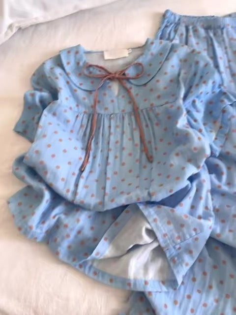 Sin Glee Sweet-Style Blue Polka-Dot Pajama Set for Women (Autumn): Long-Sleeve Top with Tie-Front & Peter Pan Collar + Pants Loungewear Set