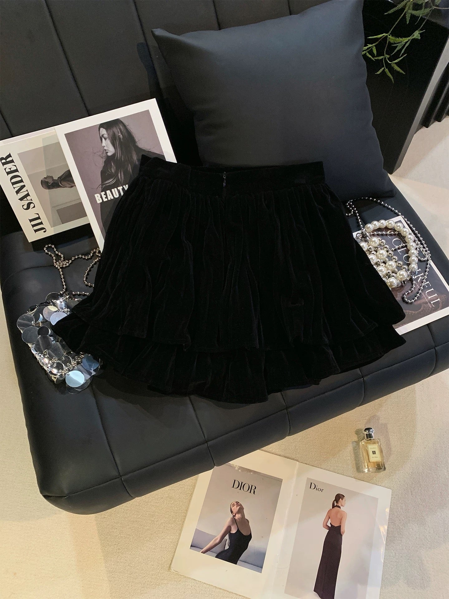 ZHOUYI/Monday Bow-embellished rhinestone velvet double-layered tulle mini skirt, black, versatile high-waisted midi skirt for autumn and winter.