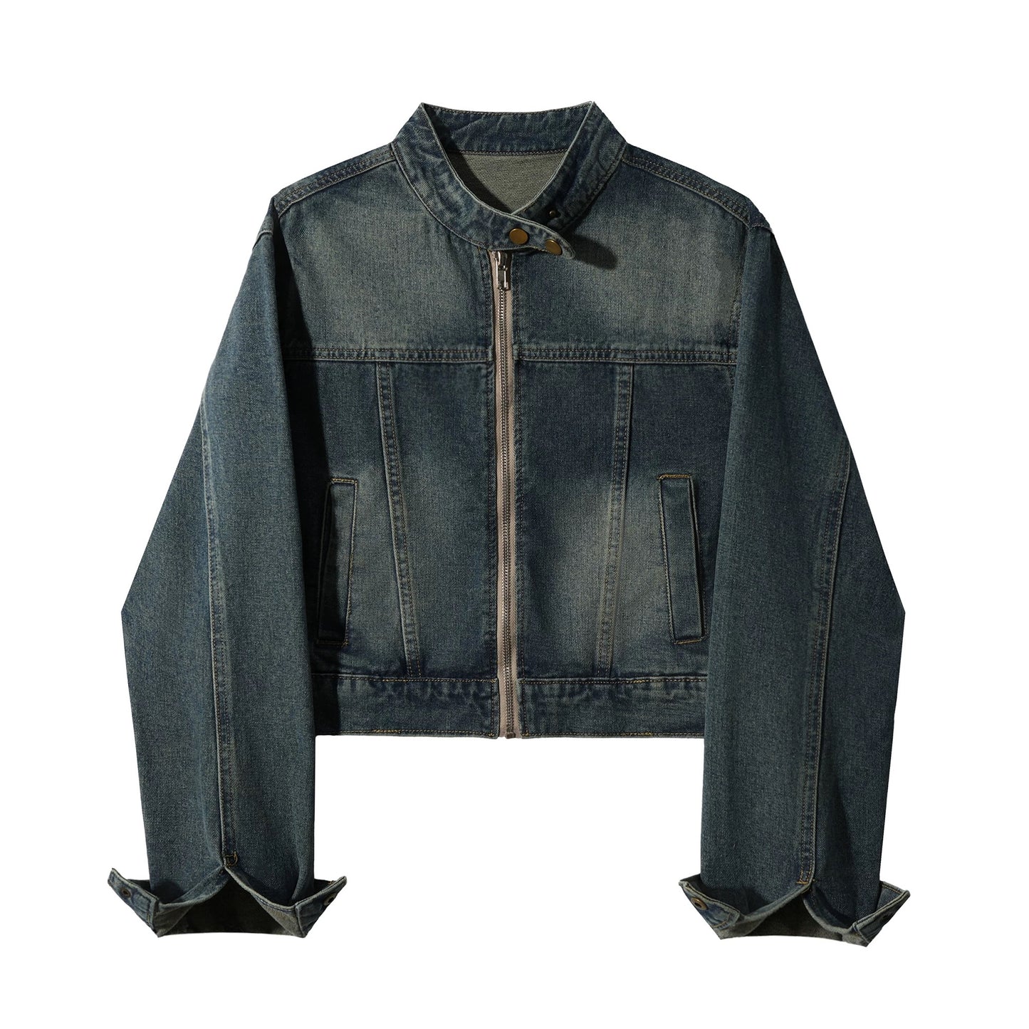 American retro distressed stand collar denim jacket for women spring and autumn high-end loose petite cropped jacket top