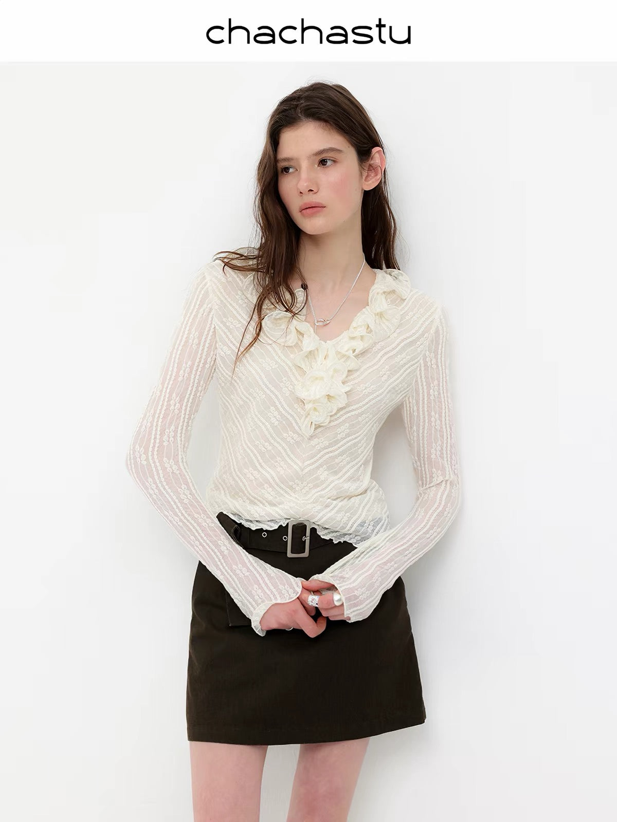 CHACHA Coastline – Women's Autumn Sheer-Look Blouse: Intricately Crafted Double-Layer Ruffled Lace with Dimensional Fishing-Line Edging