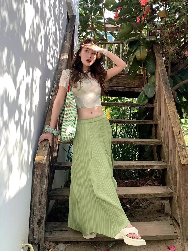 TIDE STUDIOS forest print simple top for women summer high waist green irregular skirt suit