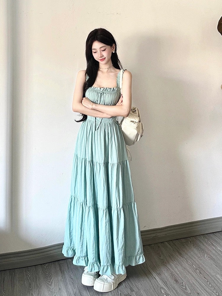 TIDE STUDIOS College Style Mint Milk Green Suspender Skirt Women's Summer Waist Elegant Sleeveless Cake A-Line Skirt