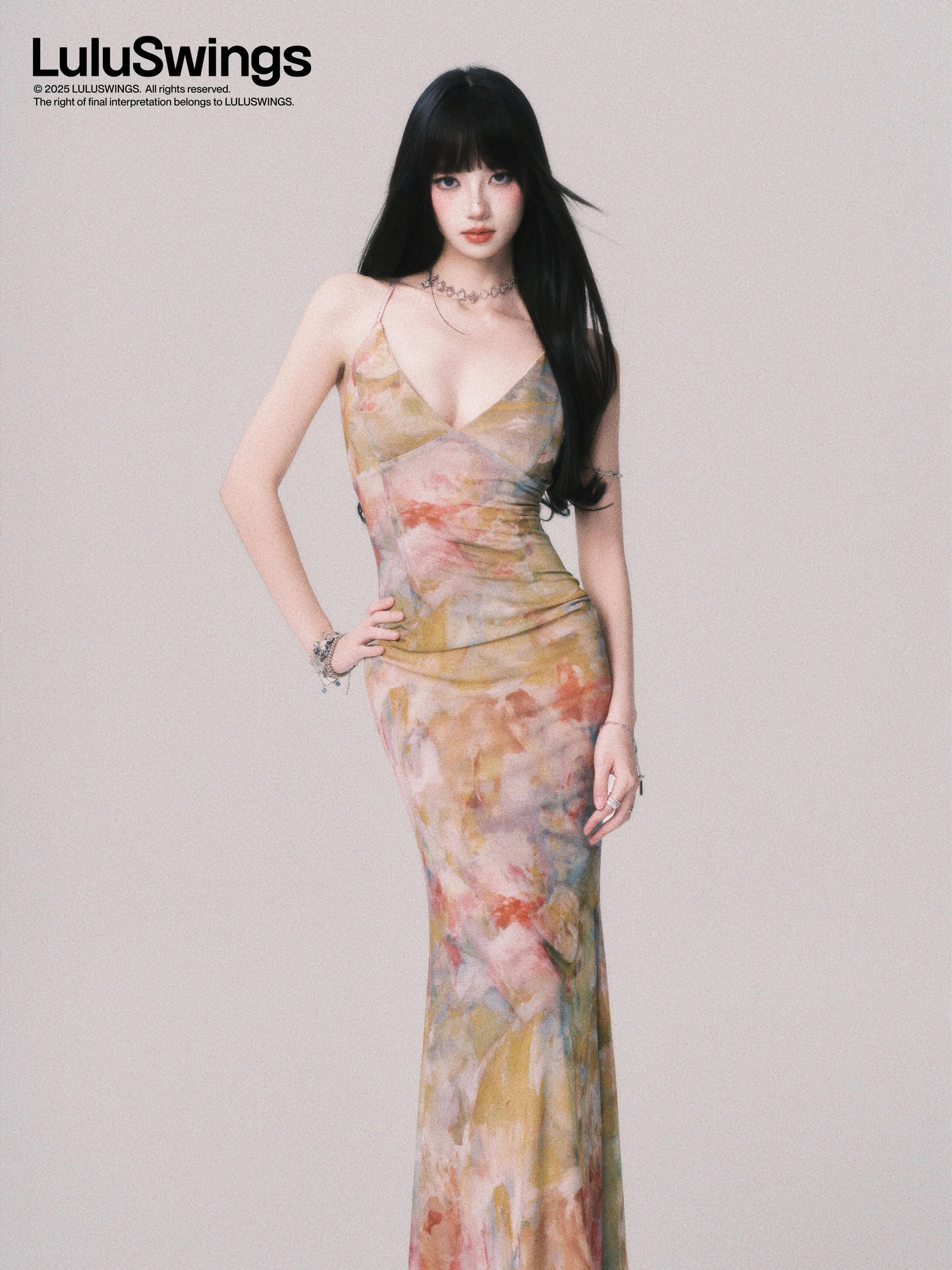 LULUSWINGS Original Oil Painting Girl V-neck Elastic Mesh Suspender Dress Women's Summer Sexy Lace-up Long Dress