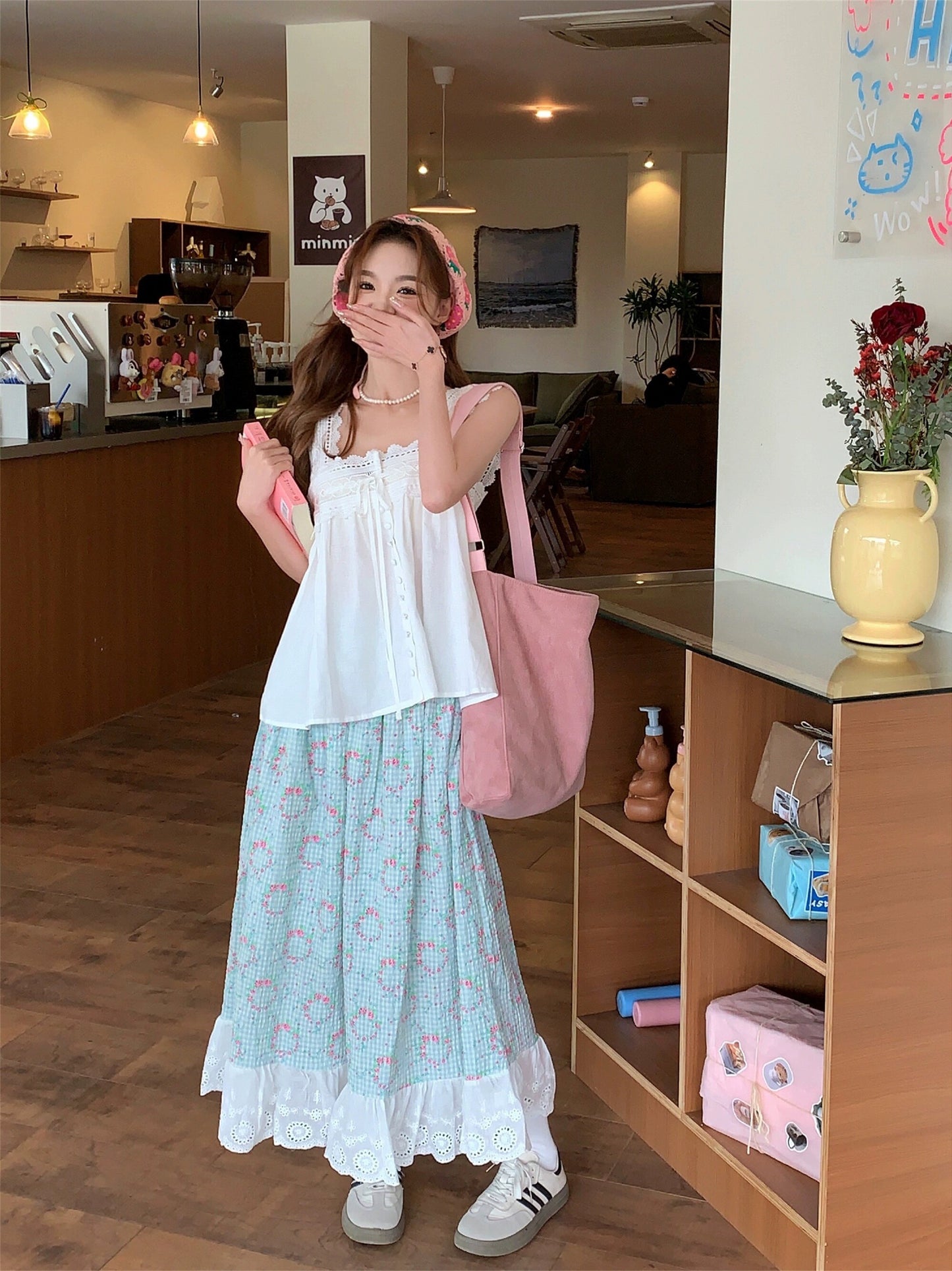 Pastoral style outfit for women, white lace camisole, summer high-waisted A-line skirt, sweet two-piece set