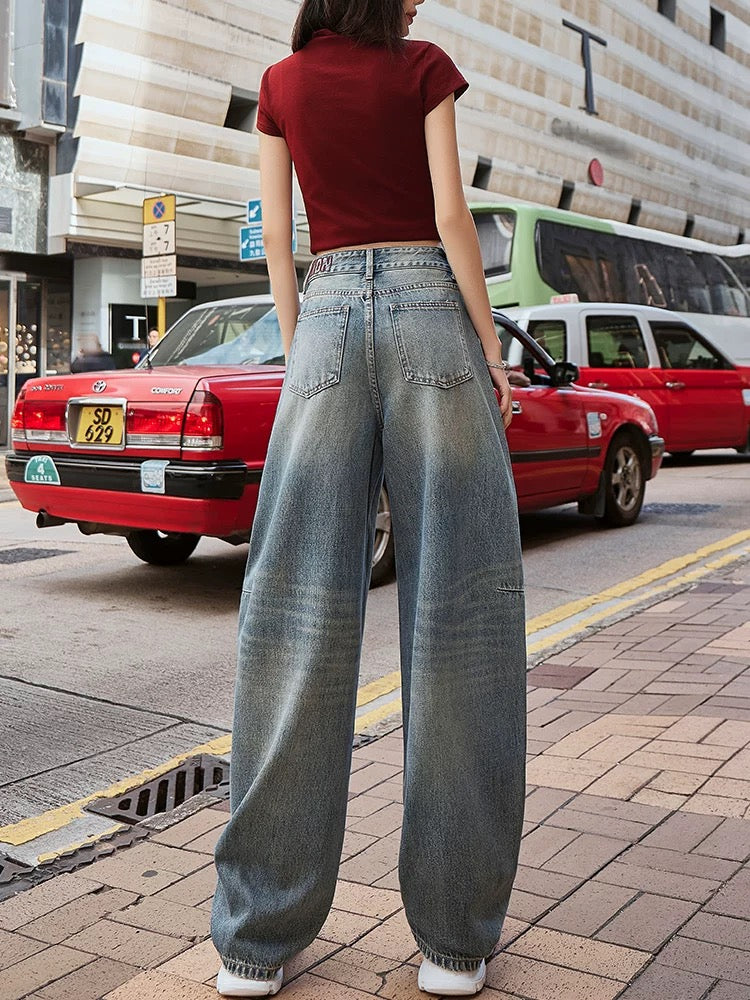 2025 spring new retro high waist straight sickle wide leg jeans women's fashion loose slim scimitar pants