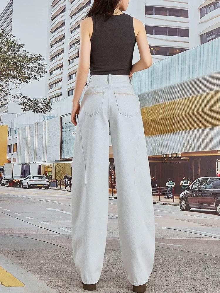 2025 summer new style gray high-grade wide-leg jeans for women high waist slim loose drape fashionable scimitar pants