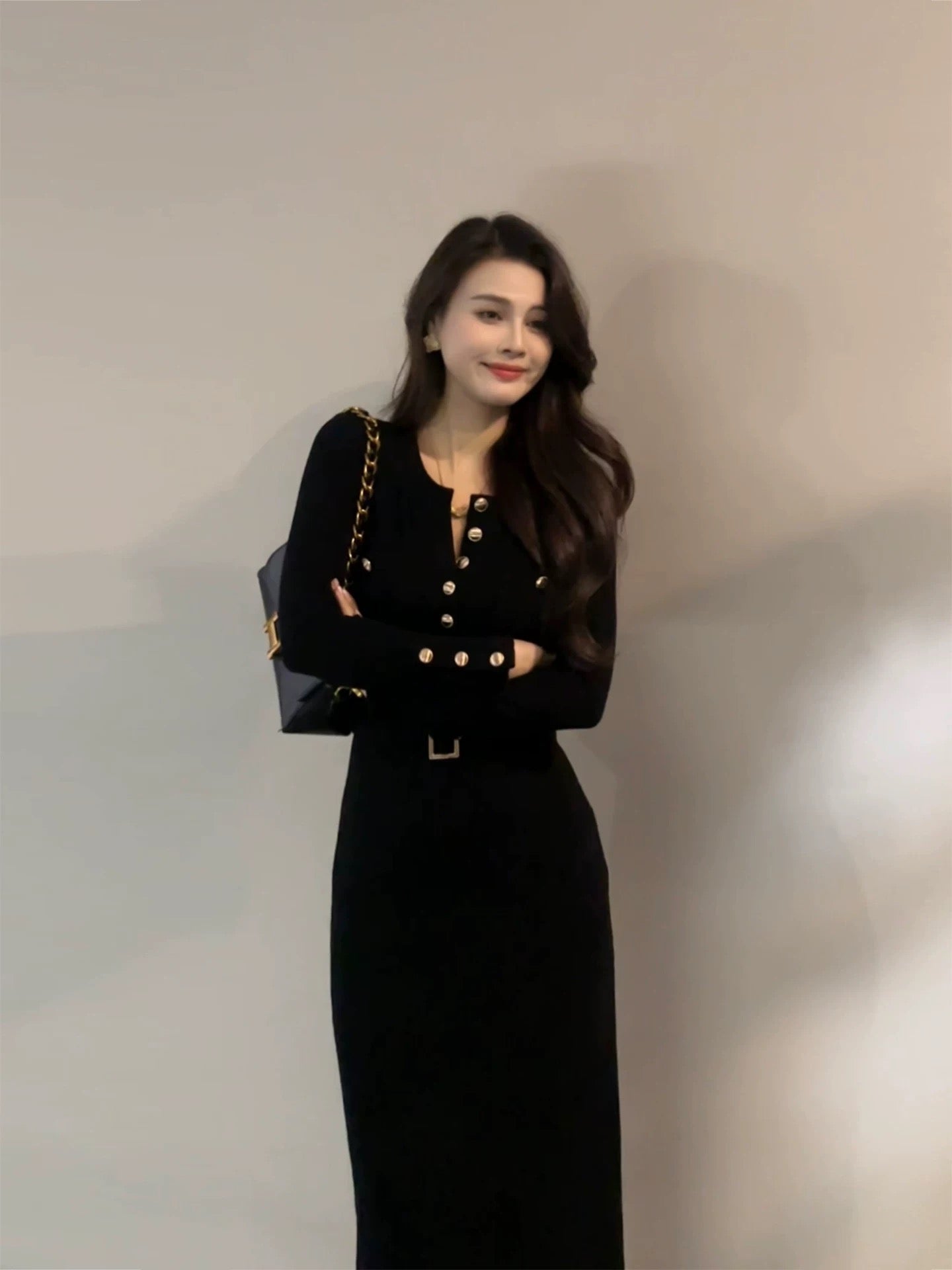 Da Tingting Retro Button Little Black Dress, Elegant Slim Fit Slit Dress, Long Dress with Belt DT1871