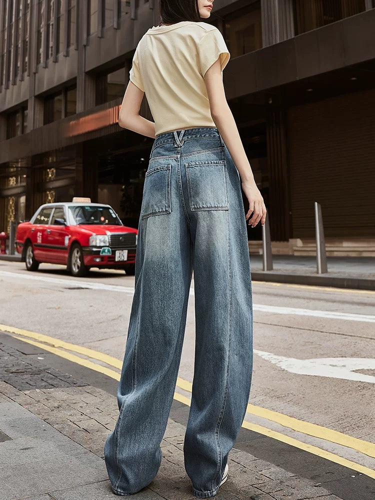 2025 summer new American high street wide-leg jeans women's loose drape slim pear-shaped versatile wutong pants trend