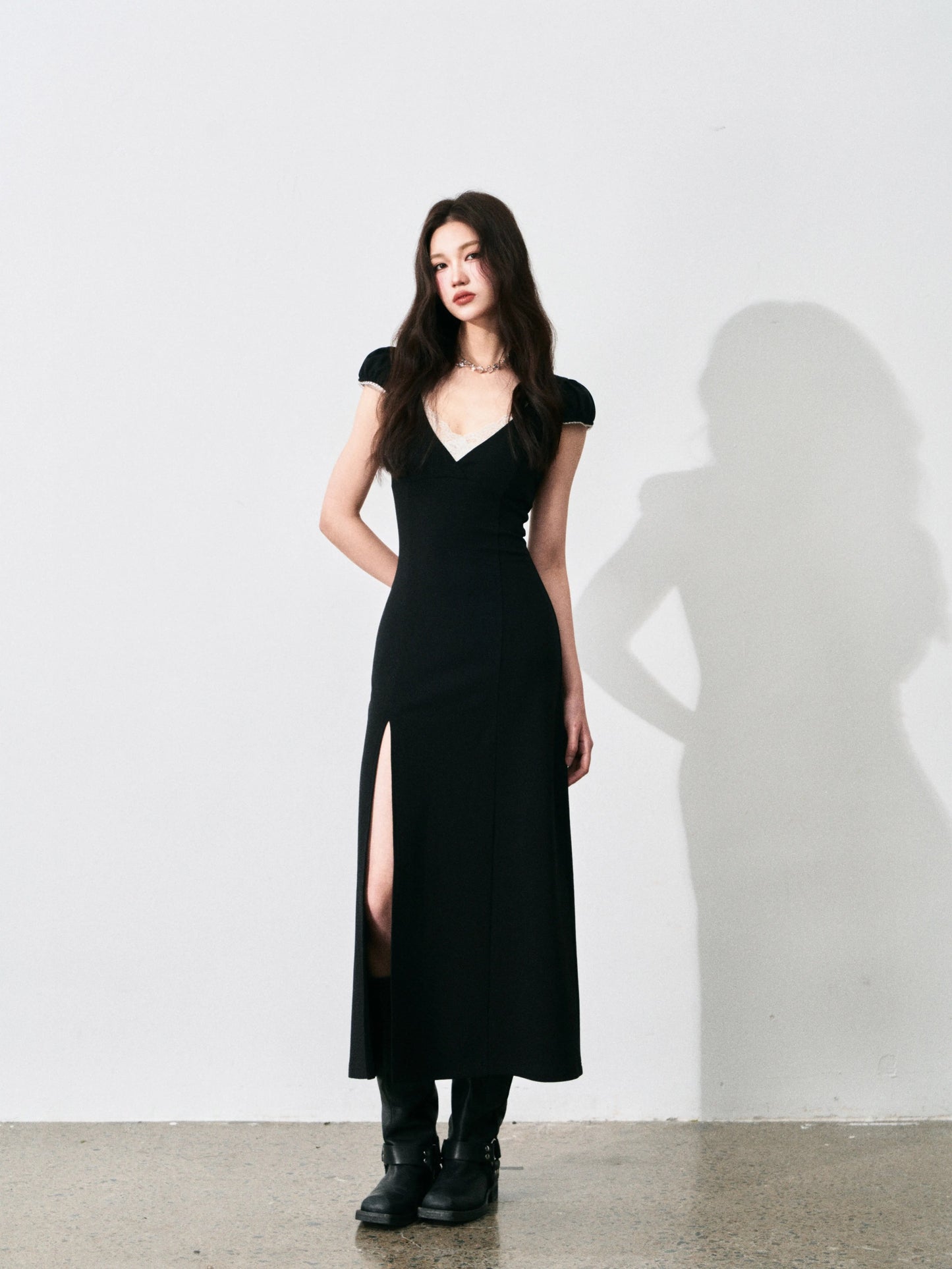 LULUSWINGS Court Style Retro V-Neck Lace Patchwork Dress for Women, Summer Slim Fit and Slit Maxi Dress