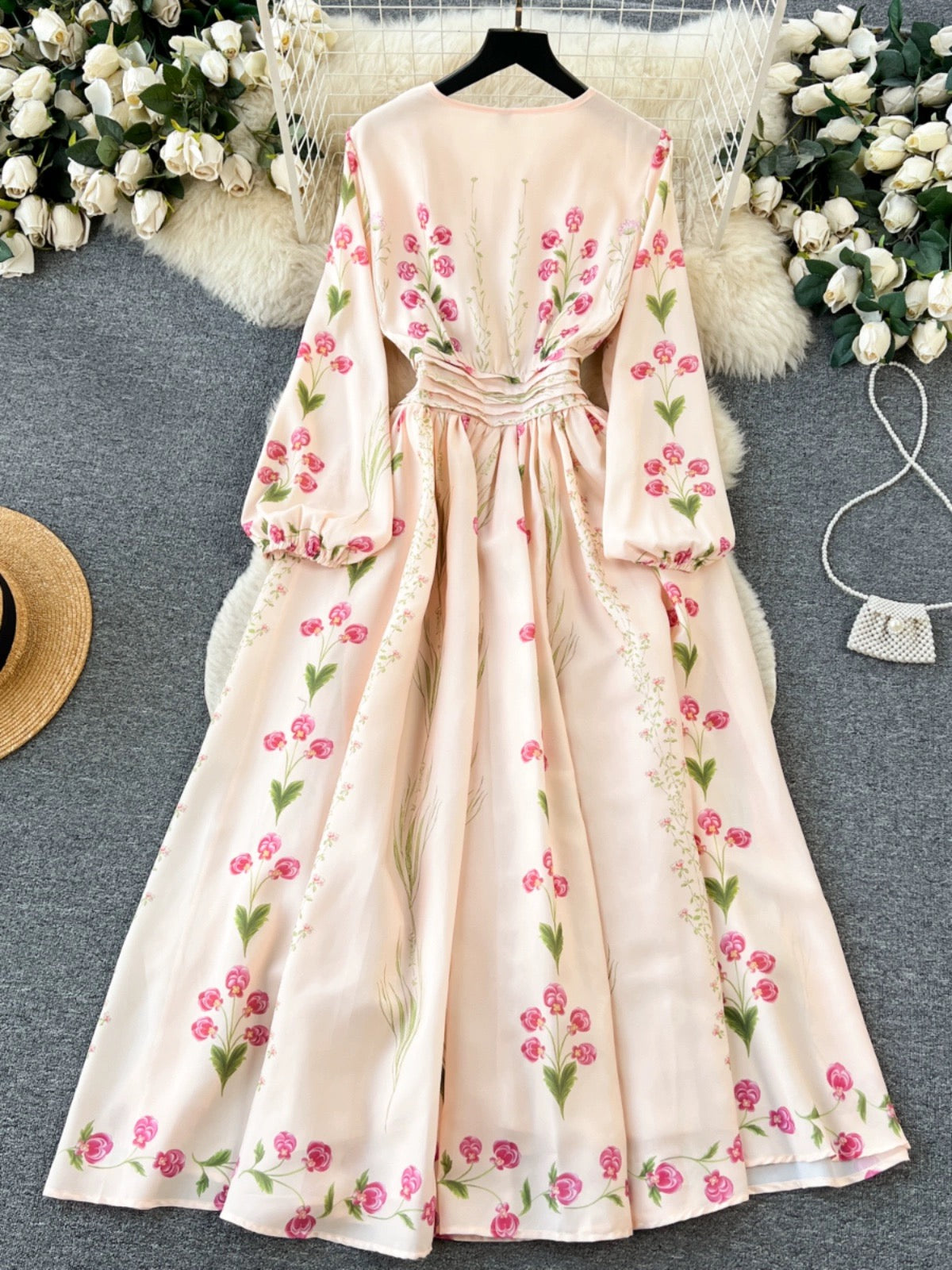 Noble temperament long-sleeved positioning printed waist-length dress with wide swing for women, high-end slimming retro French long skirt