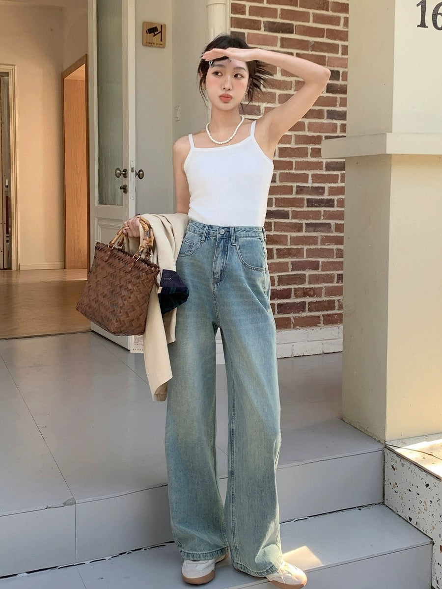 Blin's High Waisted Wide Leg Jeans Women's Spring and Autumn New Light Color Slim Versatile Drape Retro Floor-Mapping Straight Leg Pants