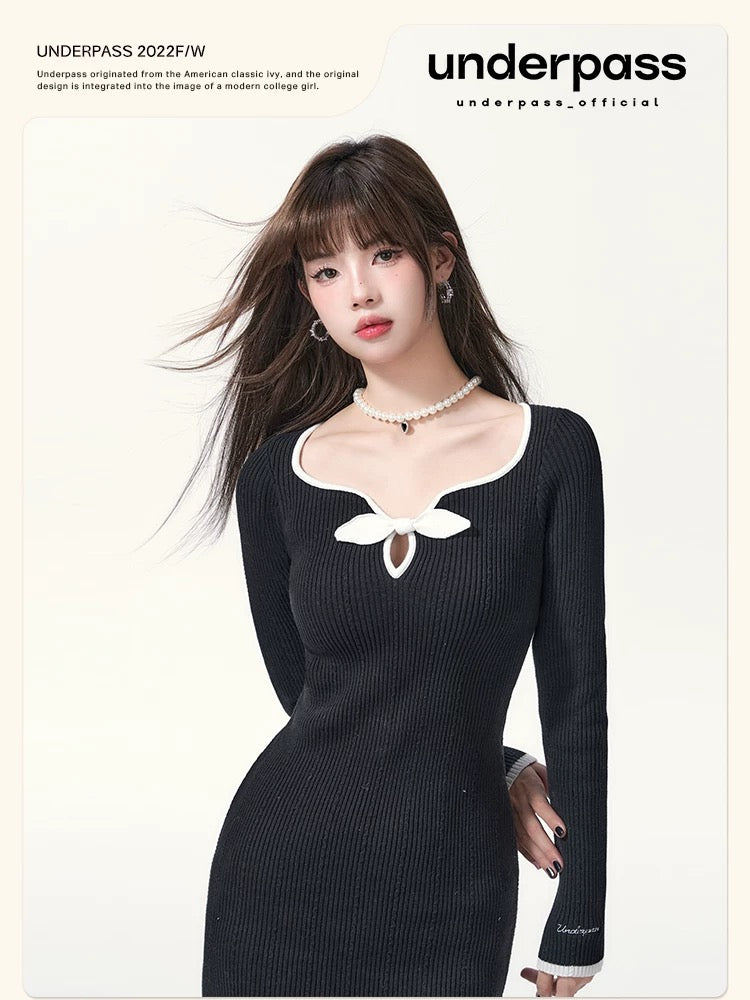 underpass original design bow contrast peach collar hip skirt three-color slim waist bottoming dress