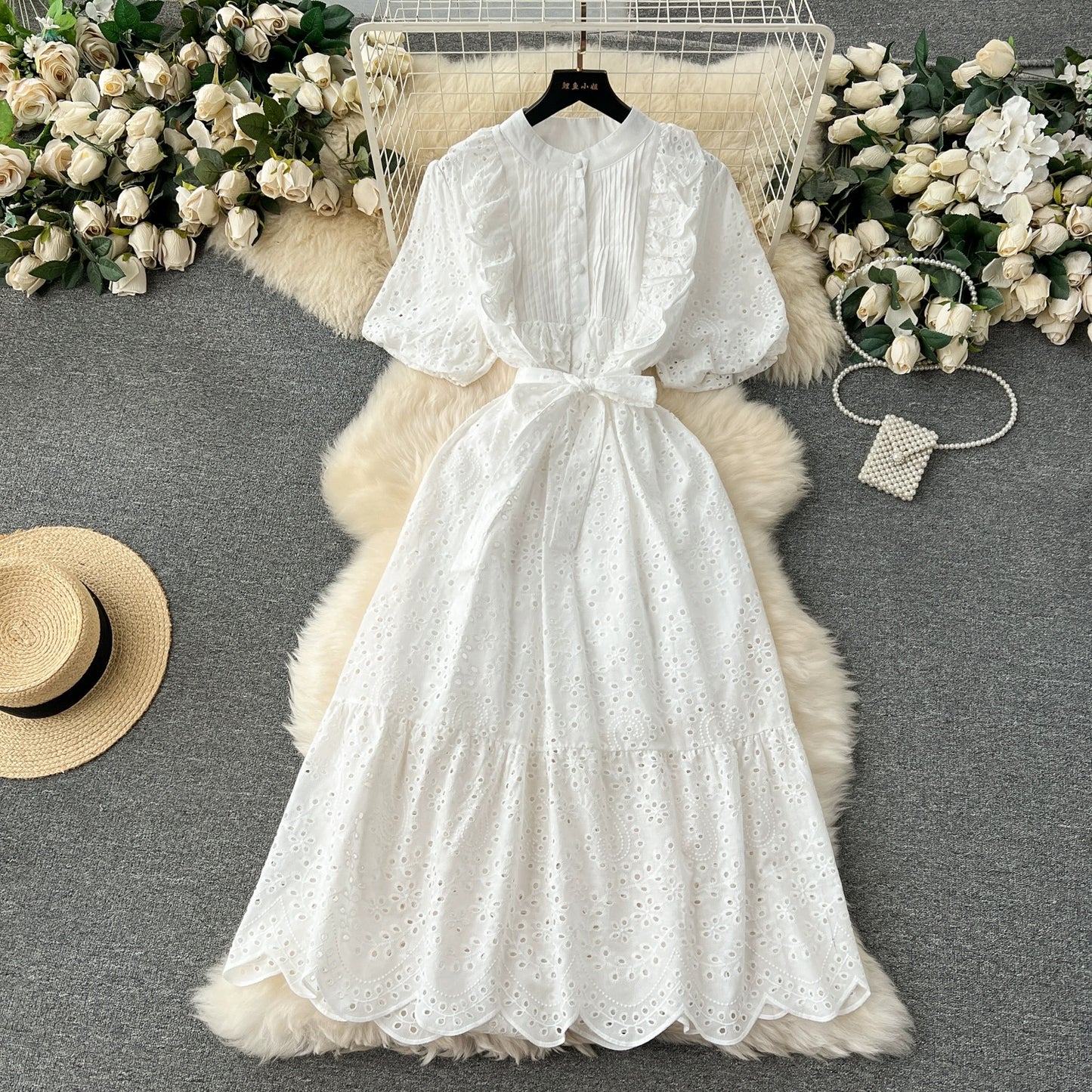 Bohemian holiday dress for women spring and summer new age-reducing puff sleeves heavy embroidery ruffle slim long skirt