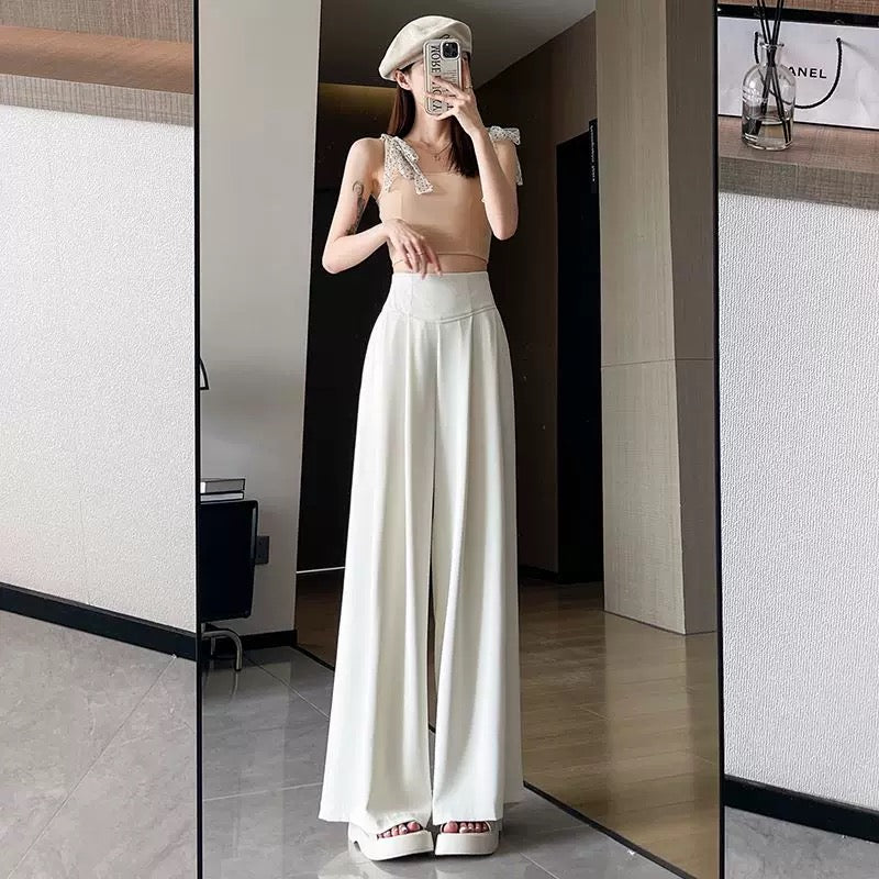 Gray suit pants for women in summer thin design fishbone super high waist wide leg pants casual straight drape floor mopping pants